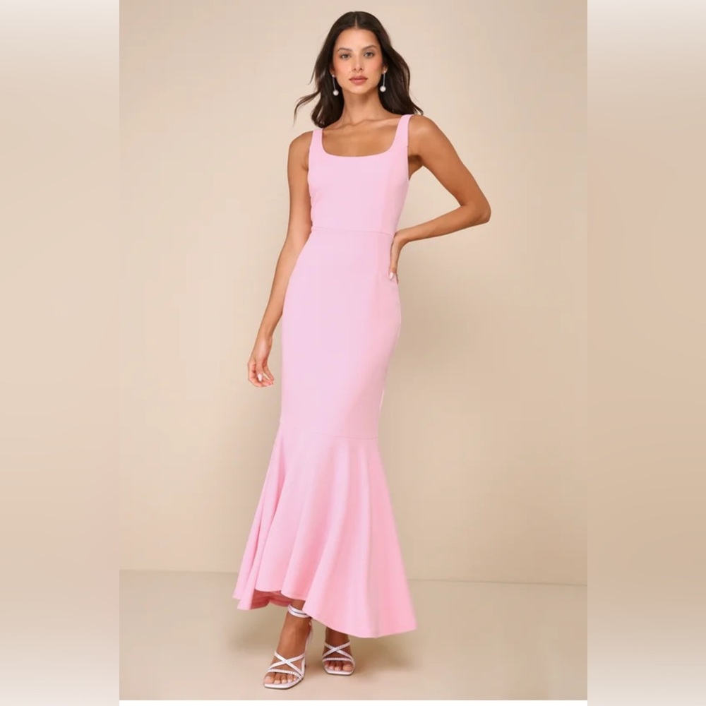 Lulu's Romantic Destiny Light Pink Square Neck Trumpet Maxi Dress